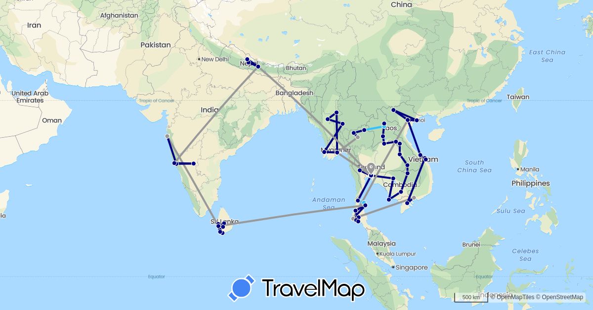 TravelMap itinerary: driving, plane, boat in India, Cambodia, Laos, Sri Lanka, Myanmar (Burma), Nepal, Thailand, Vietnam (Asia)